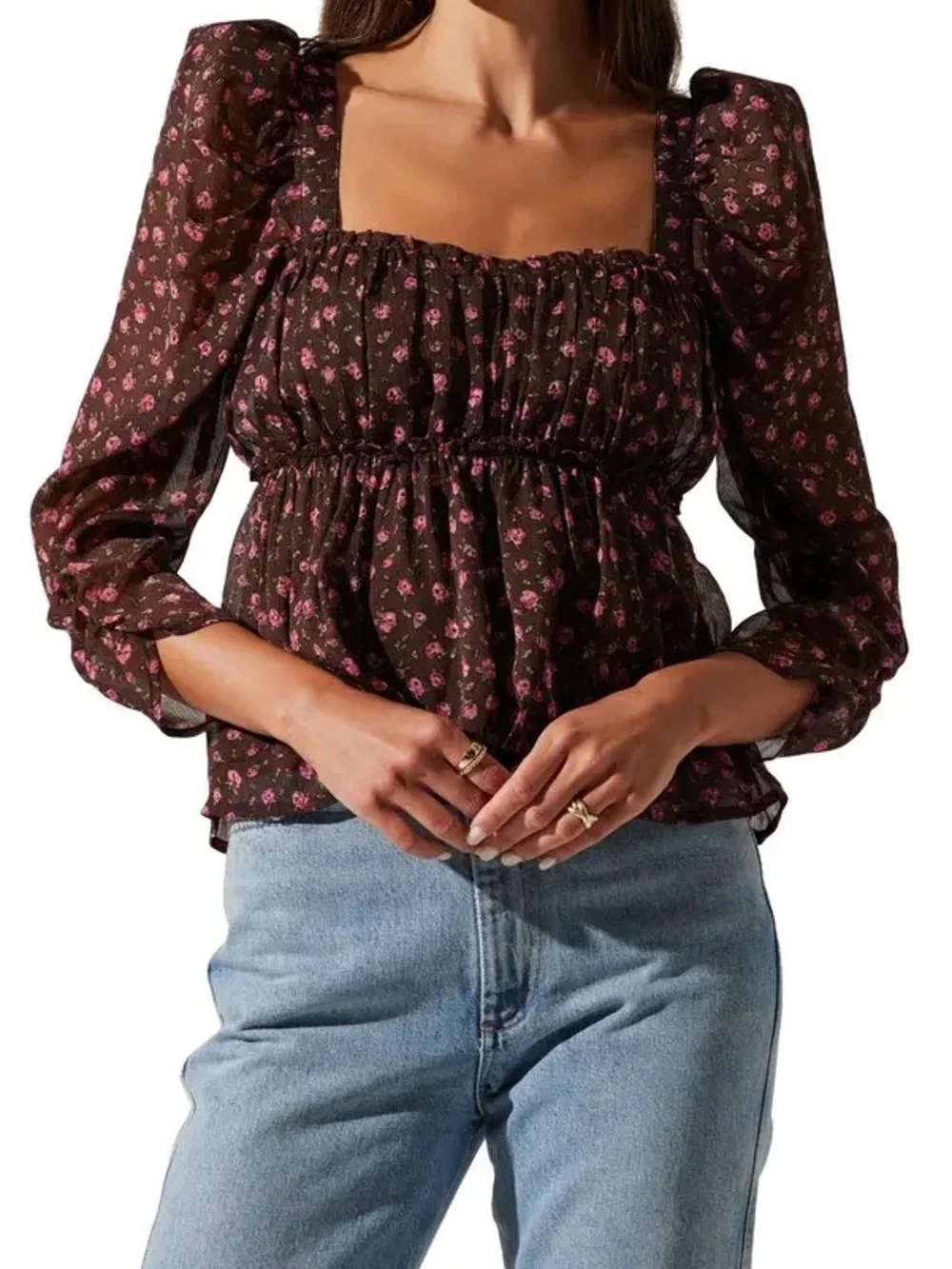 Astr The Label Floral Print Smocked Babydoll Blouse Puff Sleeve Peplum Top